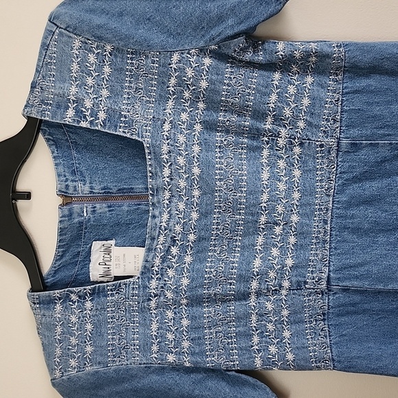 Nina Piccalino vintage embroidered square neck denim dress tie back, made in USA - Picture 4 of 9